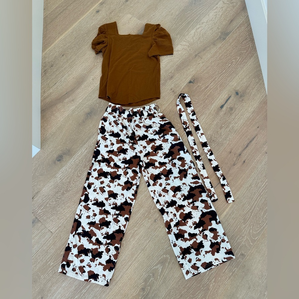 Arshiner Girls Square Neck Puff Sleeve Top and Pants with Belt and Pockets
